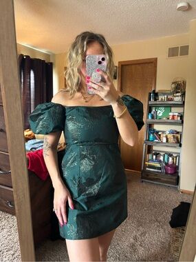 Altar’d state Off-Shoulder Puff Sleeve Emerald Green Dress